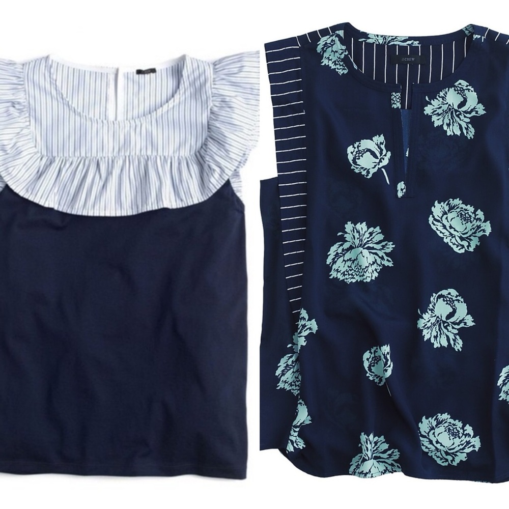 Lot of 2 J.Crew Navy Tops Striped Bib and Peony Print